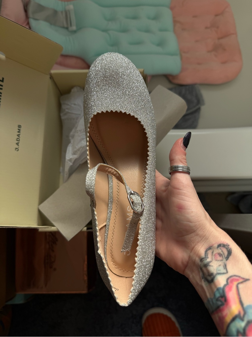 Sparkling Silver Mary Jane Flat with Buckle Strap - Women's Heels